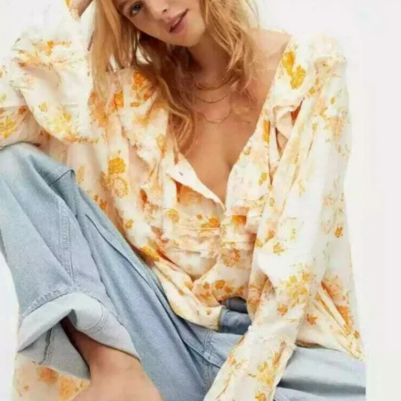 Free People Floral Tunic Top Size Small Ruffles Pockets Feminine Boho Romantic - Picture 3 of 13